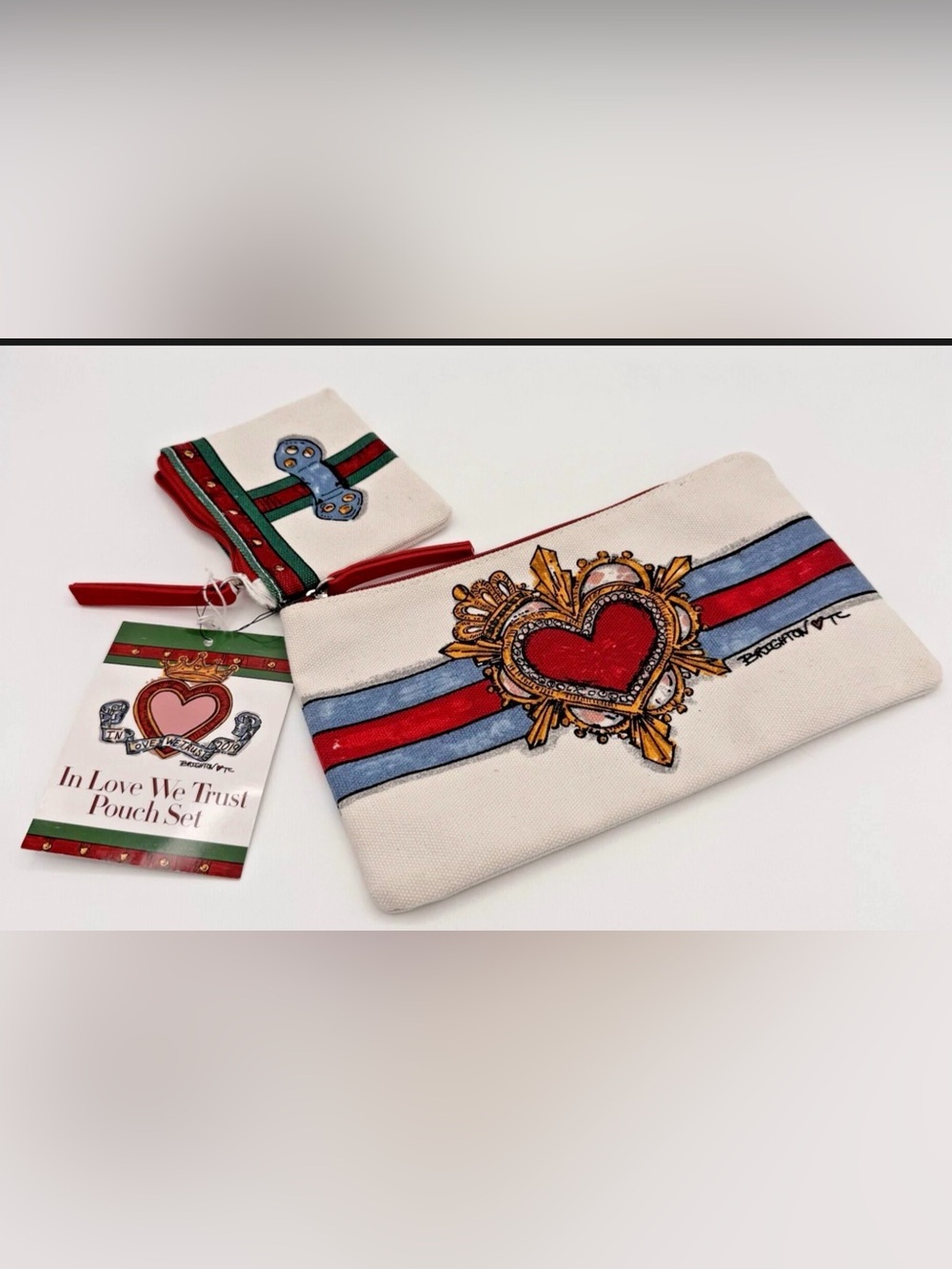 Brighton In Love We Trust Pouch Set Coin Purse Makeup Bag Heart Crown Belt NWT